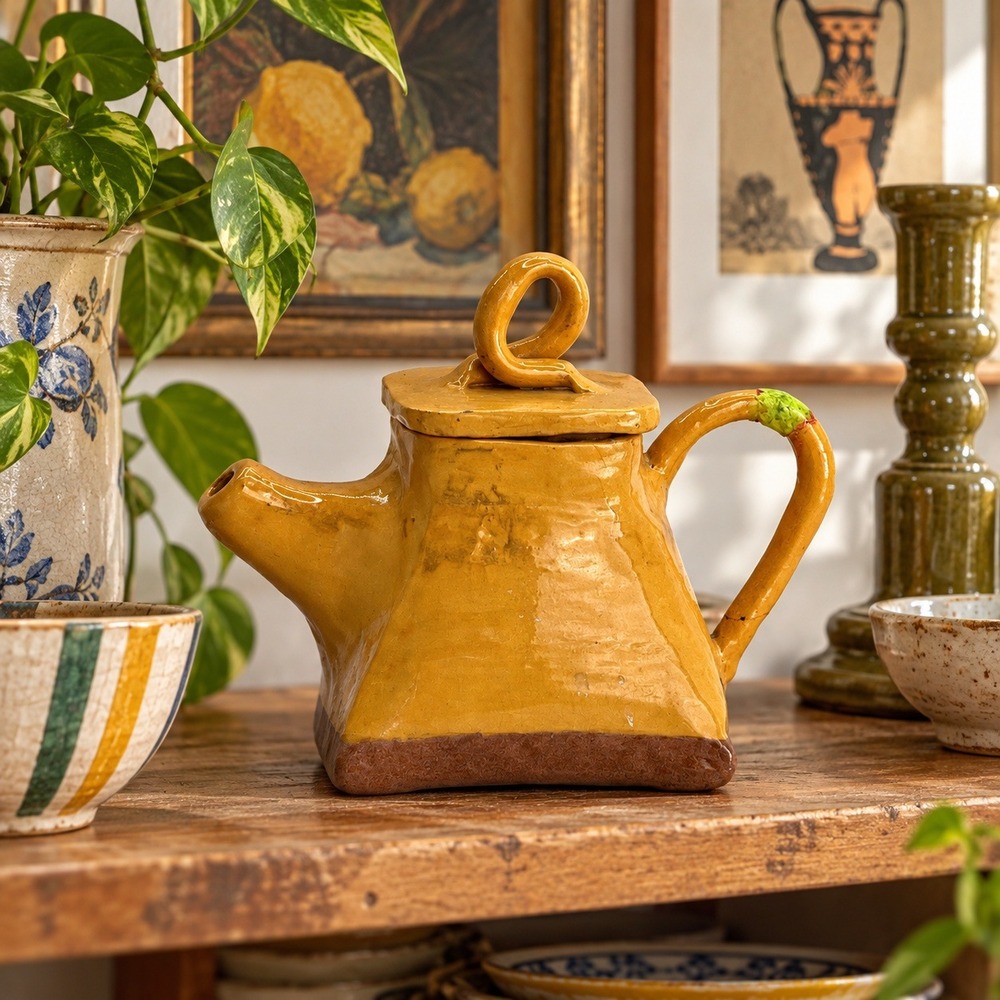 Vintage Mustard Yellow Pottery Teapot, Sculptural Kitchen Shelf Decor